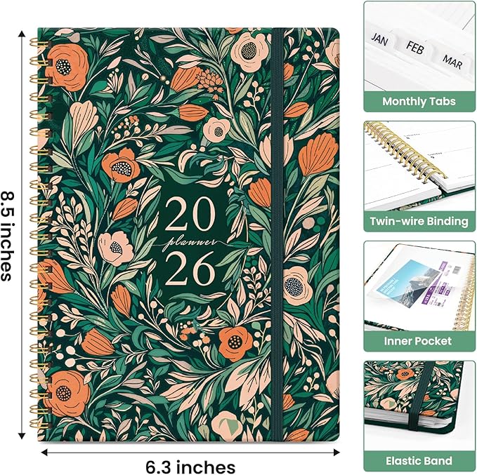 2026 Planner, Weekly and Monthly Calendar Planner for Women, Jan 2026 - Dec 2026, Hardcover Planning Agenda book with Tabs, Spiral Bound, Inner Pocket, Perfect for School Office Supplies, 6.3" x 8.5" - Verdant Bloom