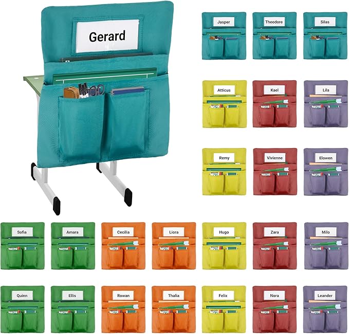 Chair Pockets for Classrooms 24 Pack,17 x 20 inch Multicolor Chair Back Buddy Pockets with 4 Pockets & Name Slot & Tags, Back of Chair Organizer for Classroom Chairs Seat Storage