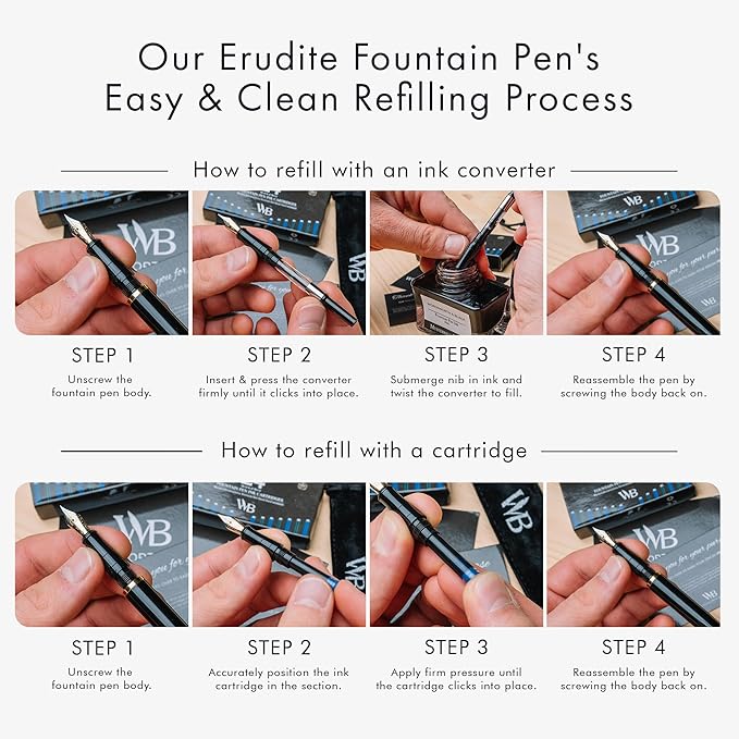 Wordsworth & Black Fountain Pen Set, 18K Gilded Extra Fine Nib, Includes 24 Pack Ink Cartridges, A Refill Converter & Gift Pouch, Calligraphy, [All Black], Perfect for Men & Women
