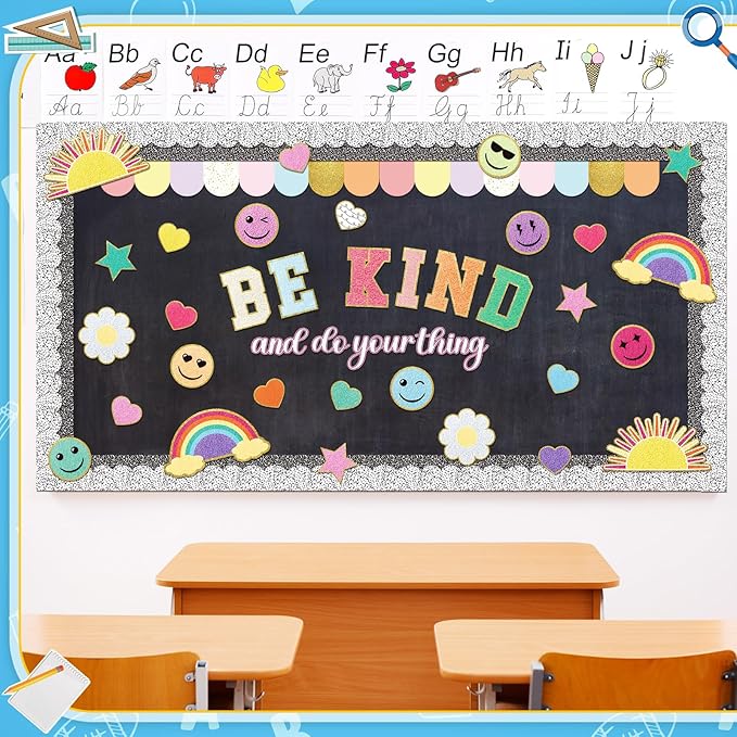 Mooliwe 93 Pcs Composition Notebook Classroom Decor Pastel Be Kind Bulletin Board Set Smile Face Back to School Border Decoration for School Party First Day of Class