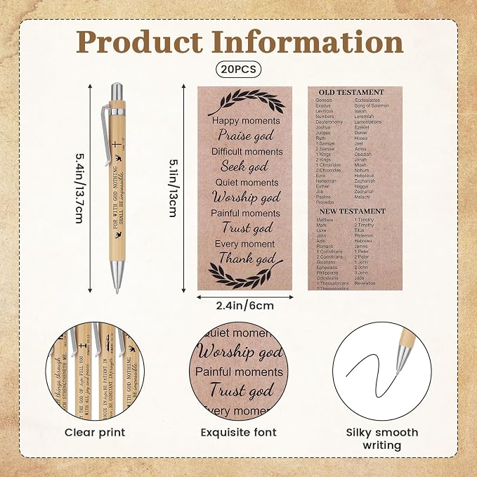 20Set Christian Gifts Bulk for Women Men with Bamboo Bible Verse Pens Bible Bookmarks Inspirational Religious Church Gifts for Christmas Sunday School Clergy Teacher Coworkers Teachers