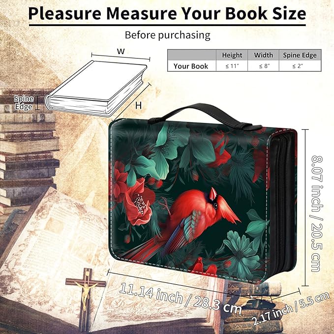 Bible Cover for Men Women,Large Leather Bible Case Fit Book Up to 11x8x2 Inch,Cardinal Red Bird on Tree Bible Covers Bible Study Carrier Church Bags w/Handle & Zipper