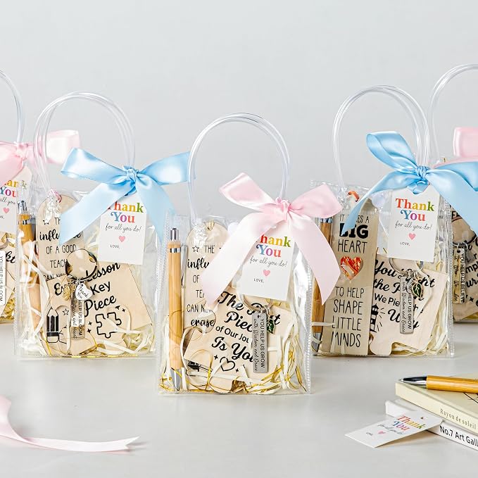Teacher Appreciation Gifts in Bulk - 4 Pack Desk Gifts for Teachers with Keychains, Bookmarks, Bamboo Pens, Drink Coasters - Thank You Gifts for Teachers - End of Year Teacher Gifts Back to School