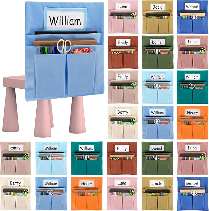 gisgfim 24 Pcs Small Chair Pockets for Classroom 13 x 14 Inch Bag with Name Tag Multi Pockets Chairsback Pouch Organizer for Student Kindergarten Elementary Daycare (Light Boho)