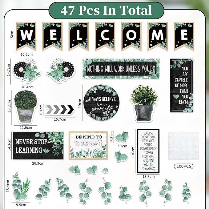 FYSUIMU 47Pcs Modern Farmhouse Inspirational Bulletin Board Welcome Banner Eucalyptus Greenery Paper Cutouts with 100Pcs Glue Points for Back to School Party Classroom Craft Wall Decor