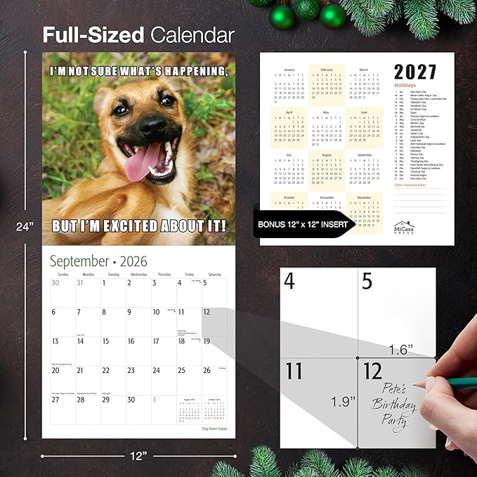 MICASA PRESS Dog-Gone Happy 2026 Wall Calendar 12 Month | 12" x 24" Open | Thick & Sturdy Paper | Giftable | Meme Pooches Puppy Funny Dog Calendar 2026