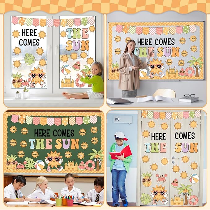 Summer Sun Bulletin Board Set Here Comes the Sun Classroom Decorations Bright Sunshine Name Tags Paper Cutouts Summer Bulletin Board Borders for Tropical Beach Back to School Wall Door Decor