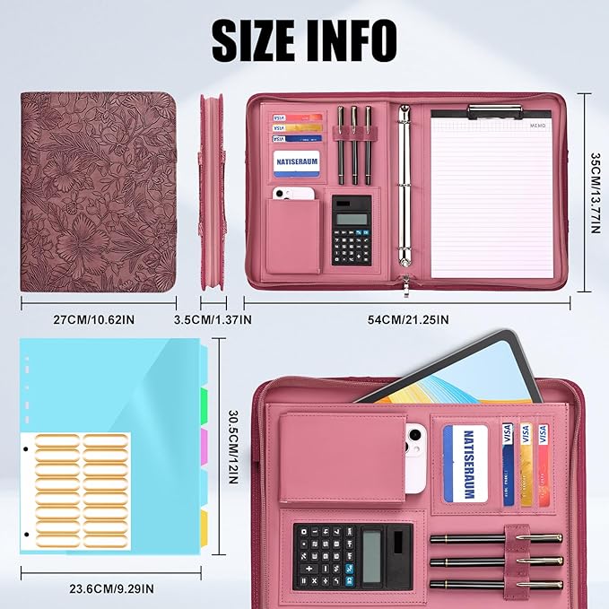 Portfolio Binder 3 Ring Includes Pen and 5 Dividers with 10 Pockets, Padfolio Organizer with Zipper for Men and Women, Includes A4 Notepad for Business, School, Work
