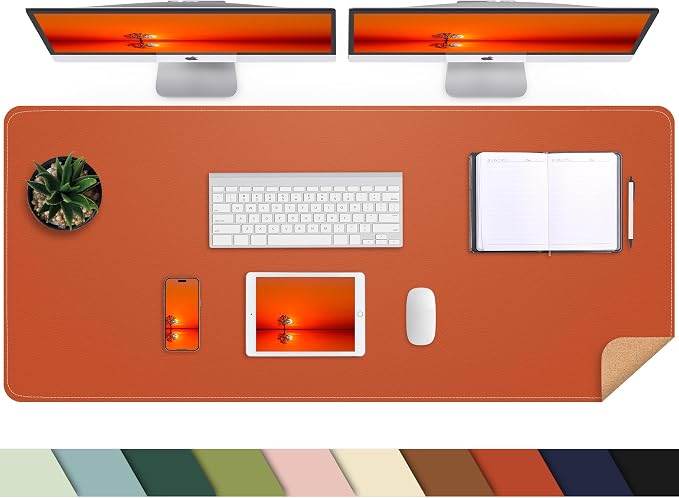 AFIING Cork Desk Mat 47" x 23.6", Dual-Sided Natural Cork & PU Leather Desk Pad, Non-Slip Waterproof Large Mouse Pad for Office, Home & Gaming (Orange)