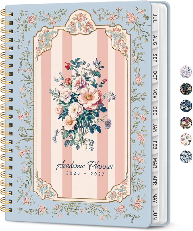 Planner 2026–2027, Academic Year Monthly & Weekly Calendar Book, Jul 2026–Jun 2027, Hardcover Organizer with Tabs, Student & Teacher Planner, 6.3" x 8.5", Parisian Bouquet