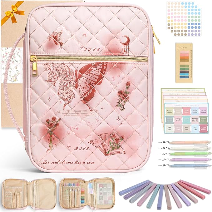 Pink Bible Cover Case: Mothers Day Gifts Large Quilted Bible Bag with Multi Pockets 26 Pcs Study Supplies Journaling Kit, Durable Book Carrying Cases Presents with Butterflies Rose Print