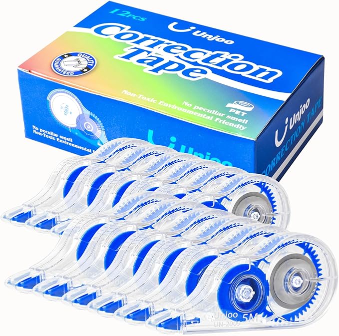 Unjoo White Correction Tape, Easy To Use Applicator for Instant Corrections Wrong Writing At Any Time, For school, Office (12pack, 5M/196" x 0.2", Blue)