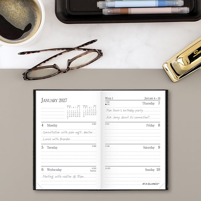 AT-A-GLANCE 2027 Planner, Weekly & Monthly, 2.75" x 4.25", Pocket Size Fine Diary, Faux Leather Hardcover, Black (72010527)
