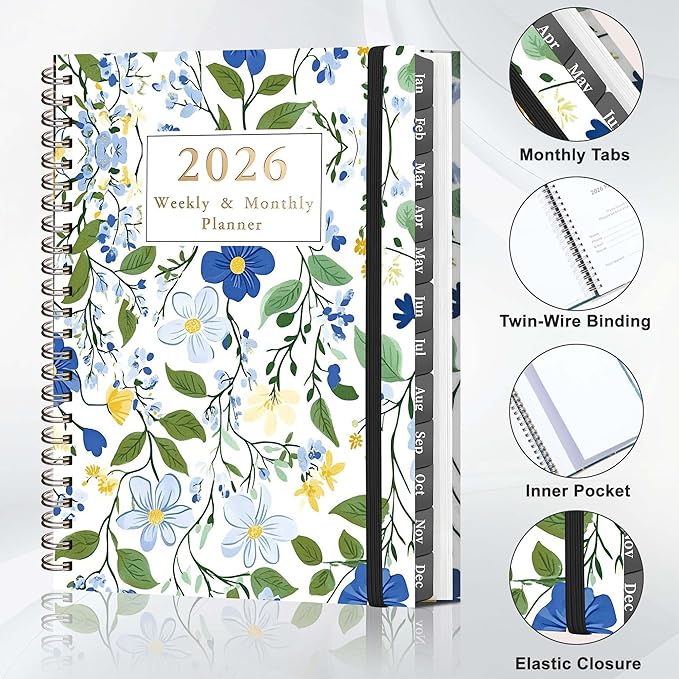 2026 Planner - Jan. 2026 - Dec. 2026, A5 (6.3" x 8.4") Planner Weekly and Monthly, Calendar Planner 2026 with 12 Monthly Tabs, Inner Pocket (White Flowers)