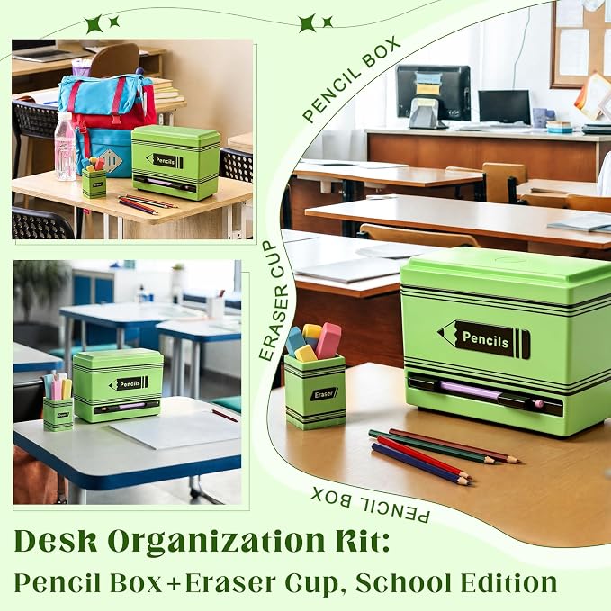 Gueevin 2pcs Pencil Dispenser for Classroom, Fun Desk Organizer with Eraser Holder, Interactive Pencil Storage for Teachers, Students & Homeschool Desk Organizer, Back to School Supplies(Green)