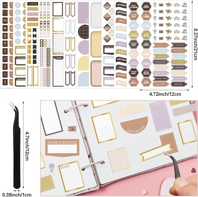Ctosree 24 Sheets Functional Planner Stickers with Elbow Tweezer Mixed Metallic Functional and Elegant Stickers for Planners Notebooks Budgeting (Neutral Color)