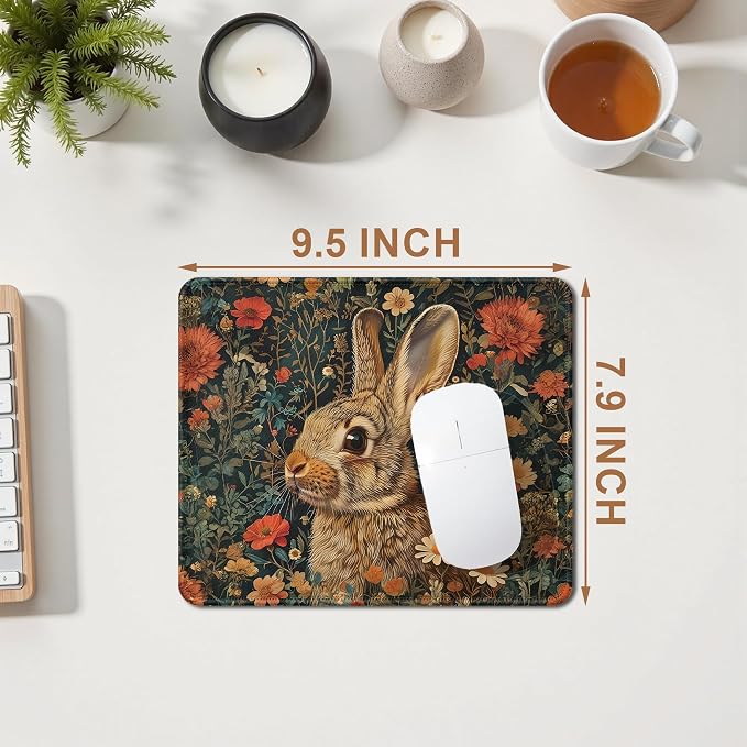Vintage Floral Bunny Mouse Pad, Gifts for Bunny Rabbit Lovers, Dark Cottagecore Moody Flower Rabbit Mouse Pad for Home Office Computer Gaming Desk Essentials, 9.5x7.9 Inch