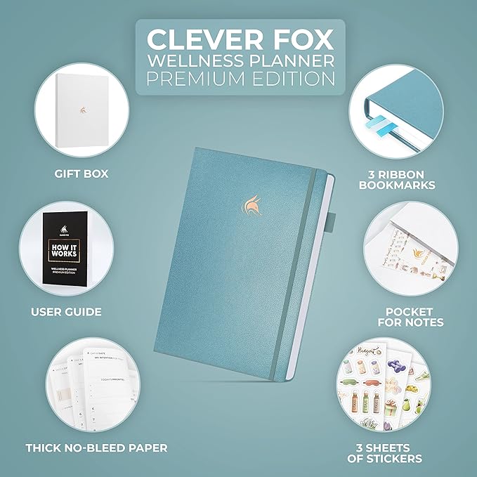Clever Fox Wellness Planner Premium – Daily Lifestyle Journal to Support Health, Nutrition & Exercise – Healthy Living Journal with Meal, Exercise & Habit Trackers – Lasts 3 Months (Aquamarine)
