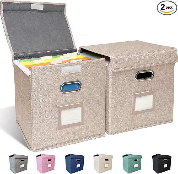 2 Pack Hanging File Folder Box with Lid, Durable Letter Size Filing Storage Box, Sturdy File Holder with Cardboard Support PVC Rails for Office Home Organizer, Beige