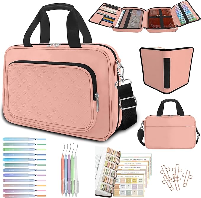 Pink Large Bible Cover Case for Women, Bible Study Supplies Bible Journaling Kit Book Carrying Case Church Bag with Shoulder Strap Handle Zipper Pocket, Christian Gifts