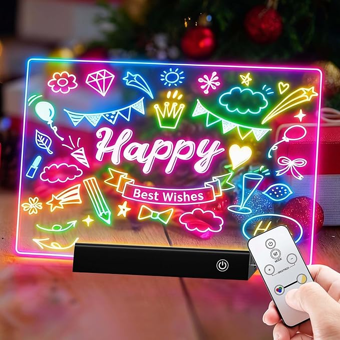 Rechargeable 11.8”×7.9” Glow Doodle LED Note Board with Colors,2 Modes&7 Colors with Remote Control,LED Drawing Board for Office/Café/Home Decor&Message,Birthday/Easter/Holiday Gifts,Black