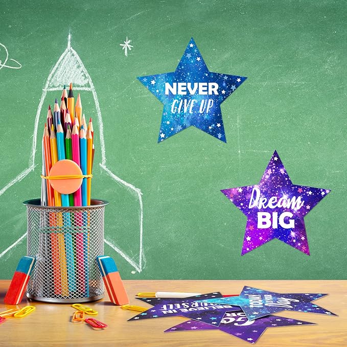 Pajean 48 Pcs Star Positive Bulletin Board Decoration Cutout Affirmation Station Classroom Bulletin Board 6 Inch Inspirational Classroom Decor Double Sided for Teacher Student Back to School(Galaxy)