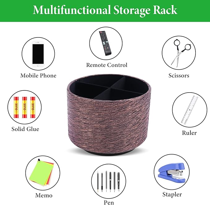Round Leather Art Supply Organizer,Remote Control Holder,360-degree Rotating Pen Organizer with 4 Compartments(1-Light Tree Brown)