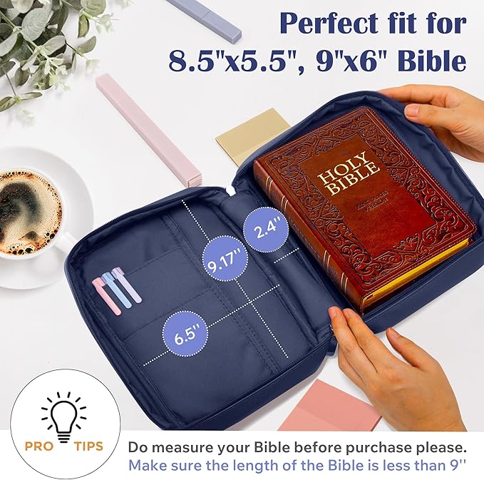 Small Bible Cover Case for Women and Men, 9x6 PU Leather Bible Sleeve, Compact Travel Bible Carrier Bag with Front Pen Holders, Zipper Closure, Inner Pockets - Navy Blue