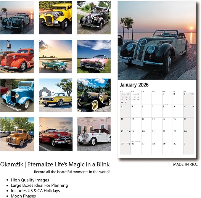 2026 Wall Calendar Planner Calendar - Classic Car Hangable Monthly Wall Calendar with Large Blocks for Organizing & Planning, Academic Schedule, Home, Office & Family, Thick & Sturdy Paper