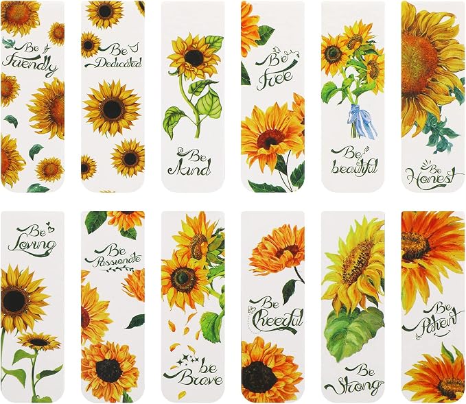 12 Pieces Sunflower Magnetic Bookmarks Inspirational Magnetic Bookmarks Magnet Page Markers Positive Book Marker for Students Teachers School Home Office Supplies, 12 Styles