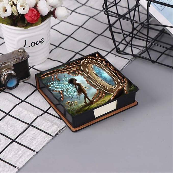 Elf Diamonds Painting Kit Note Box,Girl Memo Paper Storage Box Diamond Art,Sticky Note Holder Diamond Art,Diamond Painting Memo Pad For Office Desk. (Elf)