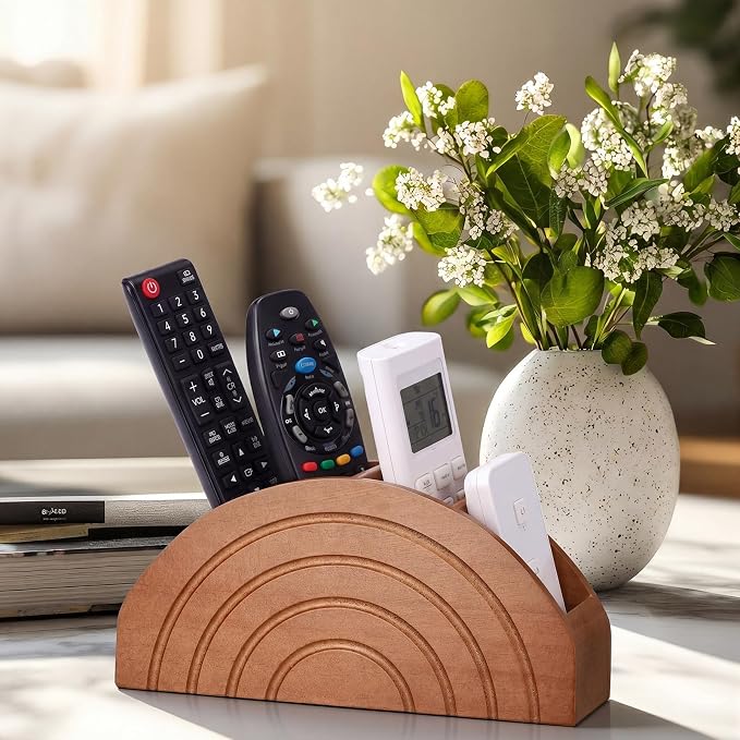 SiliFine Wooden Remote Control Holder Caddy with 5-compartment Pine Wood Boho Rainbow Arch Design Desktop Storage Box Organizer for TV Remotes Makeup Brushes Office Supplies for Table Desk Living Room