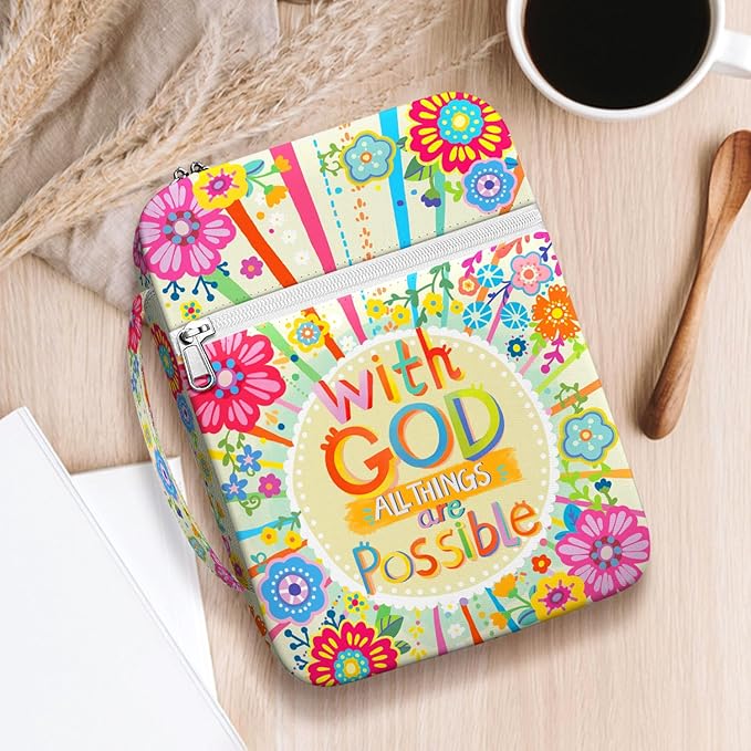 Colorful Floral Bible Cover for Girls and Women, Scripture Verse Case with Handle and Front Pocket, Canvas Bible Bag for Standard Size, Inspirational Church for Bible Study Gift