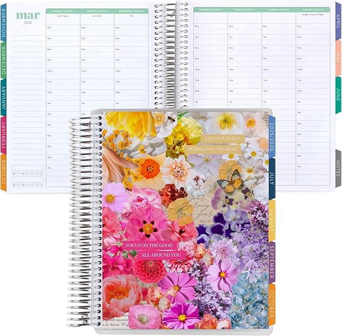 7x9 Coiled Life Planner (January 2026 - December 2026) - Floral Collage classic cover, hourly layout, Hexagon theme, platinum coil