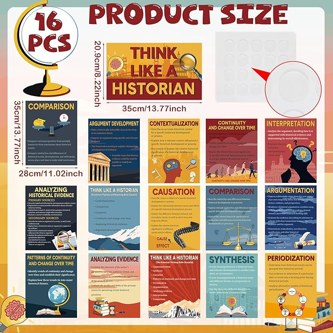 Pajean 16 Pcs Think Like a Historian Posters Social Studies Classroom Decorations Thinking Posters Bulletin Board Set for Middle High School Office Home Classroom Supplies