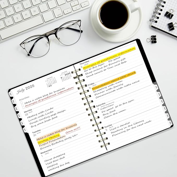 Ymumuda 2026 Planner, Daily Weekly and Monthly Planner，Jan 2026 - Dec 2026, 8.4" x 6.3", 2026 Calendar Planner Book with Tabs, Spiral Notebook with Inner Pocket for Office Home School Supplies