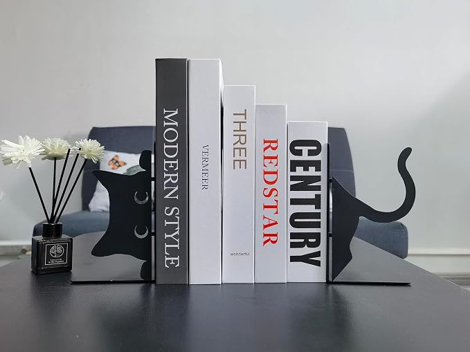 Book Ends Decorative,ENCIMART Book Ends,Metal Bookends,Book Holders for Shelves,Office Decorative Bookends,1.5mm Thickened Book Ends,Bedroom Library Office School Book Desktop Organizer Gift（Cat）