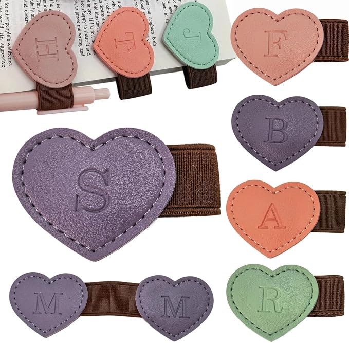 Personalized Magnetic Leather Heart Bookmark with Pen Holder - 26 Letters Custom Book Mark Notebook Pencil Loop with Initial Book Marker for Readers, Book Lovers- Gifts for Women Men(Purple,S)