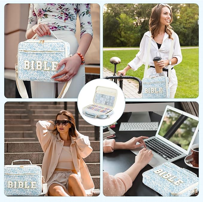 Sinload Quilted Bible Cover Case for Women 12 x 9 x 2.5 Inch Bible Chenille Letter Bag with Shoulder Strap Carrying Tabs 6 Colored Pens 12 Highlighters Christian Church Study Gifts(Blue,Floral)