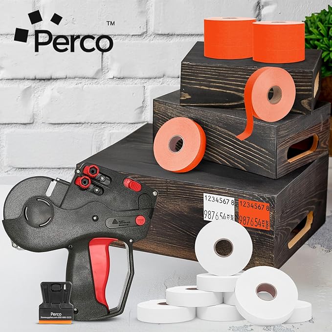 Perco White & Red Pricing Labels for Monarch 1136 28,000 Labels, 2 Sleeves, 16 Rolls Combo Pack Includes Label Scraper & Ink Rolls