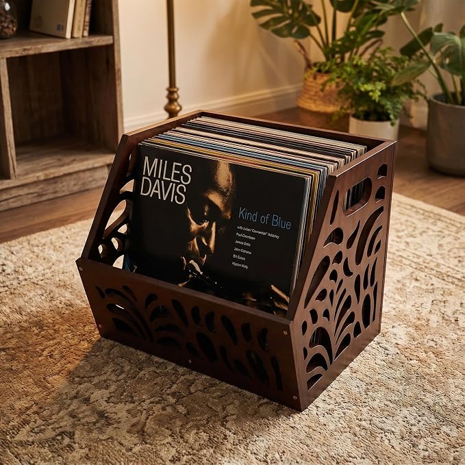 Vinyl Record Storage Box 60+ LP Record Holder Crate, Vinyl Organizer Storage Rack for Album Storage, Espresso Vintage Finish Home Decor