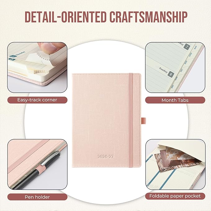 Planner 2026-2027 Weekly & Monthly Planner, 18 Month Academic Calendar July 2026 – Dec 2027, Horizontal Layout with Monthly Tabs, Textured Fabric Hardcover, Pink