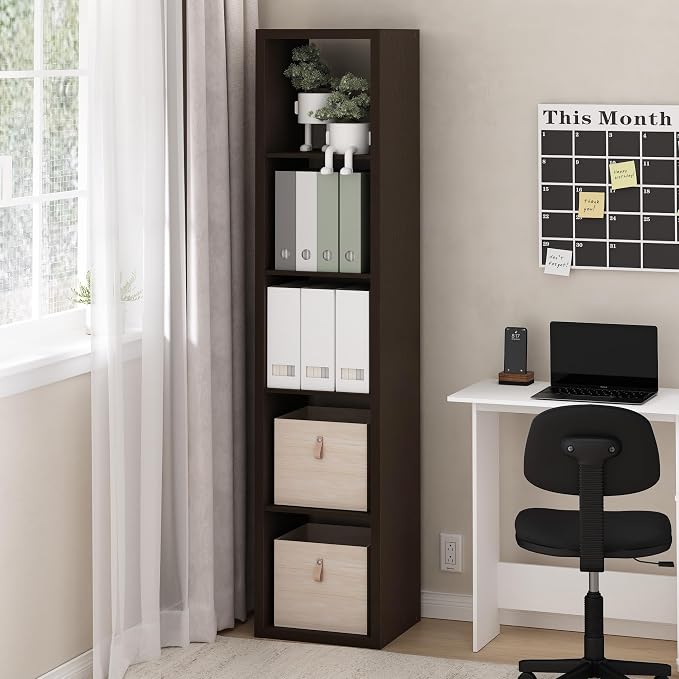 Furinno Cubicle Book Shelf, 5-Cube Bookshelf, Extra Thick Horizontally & Vertically Reversible Bookcase with Open Back, 14.6" x 16" x 72", for Living Room, Bedroom, Home Office, Black Dark Oak
