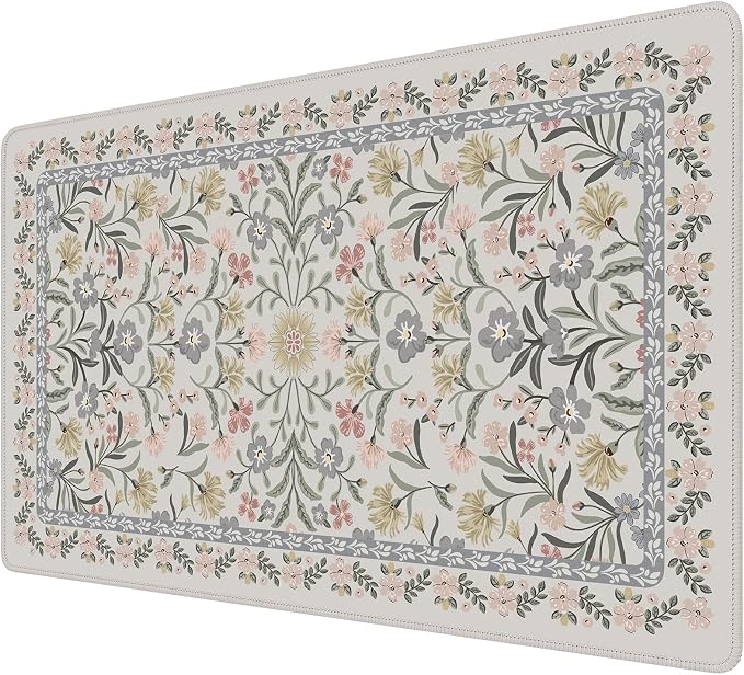 iCasso Aesthetic Flower Mouse pad for Laptop, Desk Pad Mat, Desk Matt for Desktop 13.7"x23.6", Anti-Slip Mousepad with Stitched Edges for Laptop Computer Keyboard(Gray Floral)
