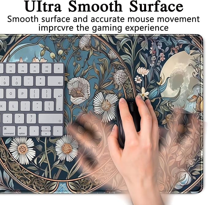 Tarot Triple Moon Desk Mat Retro Aesthetic Desk Pad Daisy Vintage Floral Extended Mouse Pad Large Gaming Mousepad XXL Laptop Computer Mouse Keyboard Mat 31.5 x 15.7 in for Office Desk Decor