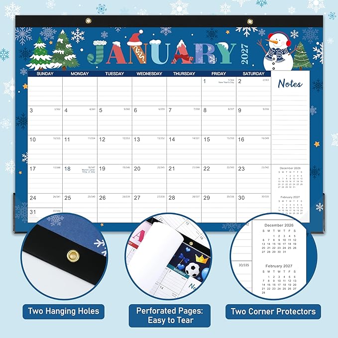 Desk Calendar 2026-2027 - Calendar 2026-2027 from July 2026 to December 2027, 12" x 17", 18 Monthly Desk Calendar with Protector Corner- Holiday Design