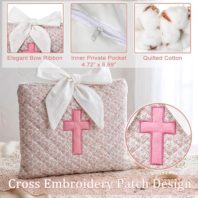 Honoson Quilted Bow Bible Sleeve Cover Case Padded Protector Washable Bible Bag Pouch Christian Gift for Women Girls Book Lover Gifts(Pink Floral Cross)