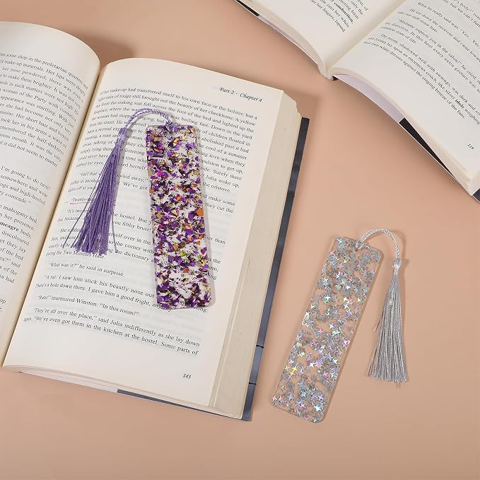 2Pcs Glitter Bookmarks Acrylic Bookmarks for Women Purple Silver Book Marks Bling Iridescent Bookmark with Tassel Resin Book Marks for Reading Presents