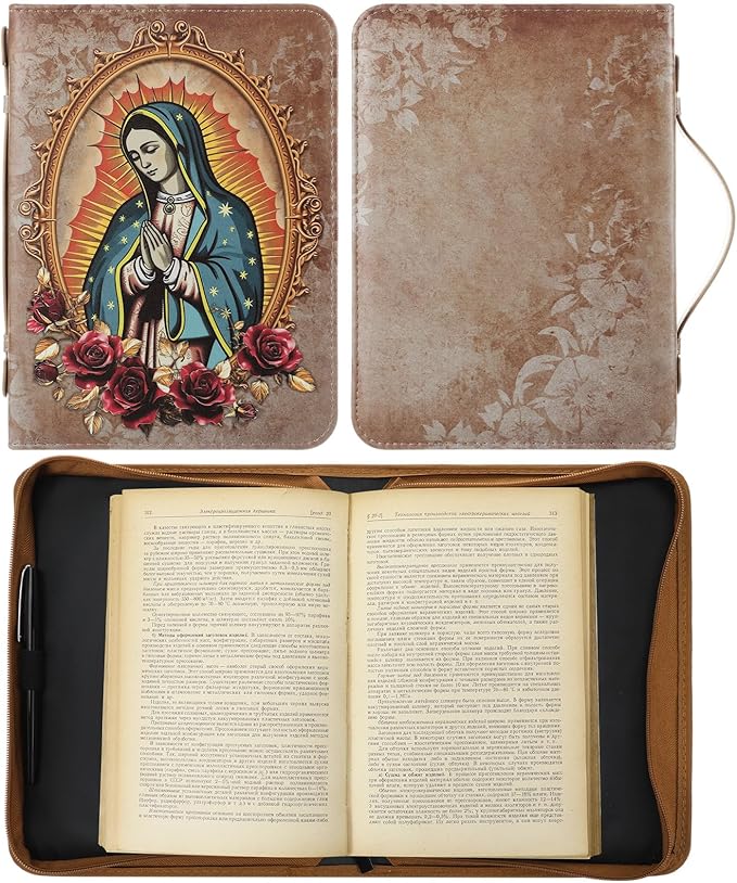 Fullhawl Spanish Bible Cover for Men Women PU Leather Bible Case 11x7.5x2.3 Inches Large Waterproof Christian Biblia Cover Print Decor for Wedding Church Religious Gift(Classical)