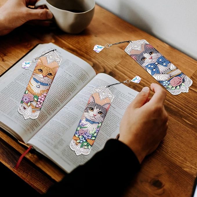 Tontut 3pcs Diamond Art Painting Kit Bookmarks, Cat on Books Fine General Purpose DIY Bookmarks, Lightweight and Durable, Suitable for Reading Lovers